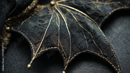 Velvet black bat wings with gold foil details. Textured fabric. Elegant Gothic aesthetic. Halloween concept