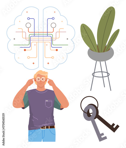 Thoughtful man adjusts glasses as brain network, plant, and keys suggest creativity, problem-solving, and nature balance. Ideal for innovation, technology, growth, mindfulness security