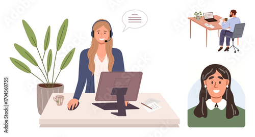 Female professional with a headset at a desk, speech bubble indicating conversation, remote worker using laptop, portrait of a client. Ideal for communication, remote work, customer support