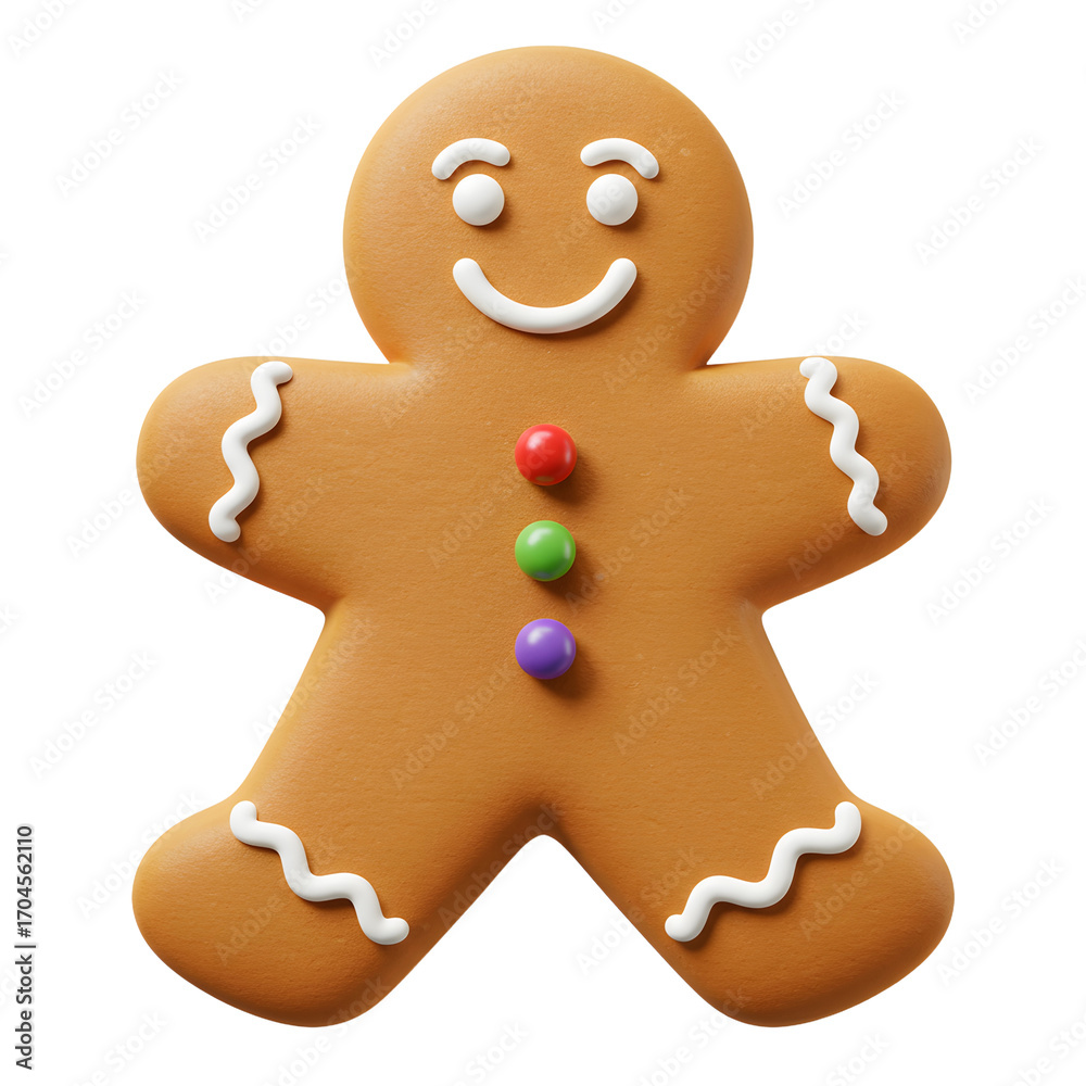 Obraz premium Smiling Gingerbread Man with Colorful Candy Buttons and White Icing Details.