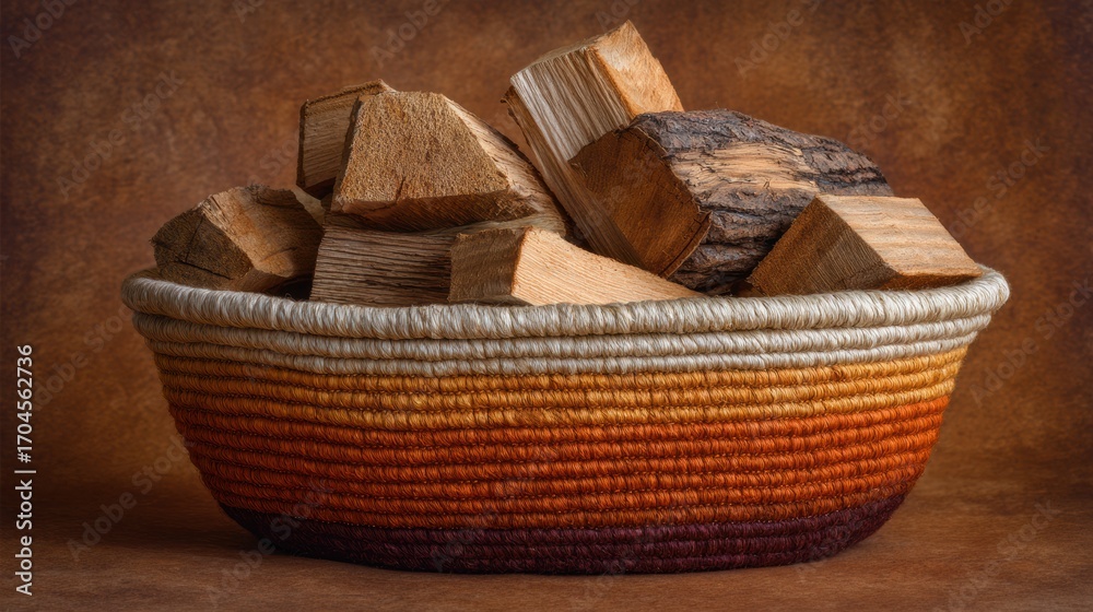 Obraz premium Wooden Logs Arranged in a Decorative Woven Basket With Warm Colors in a Cozy, Rustic Setting