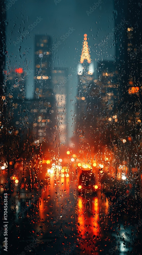 Obraz premium Rainy Night Cityscape Through Window