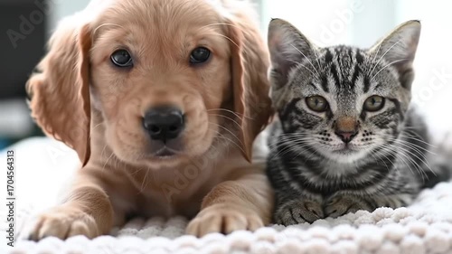 Cute puppy and kitten lying together indoors, adorable pets close-up video concept.