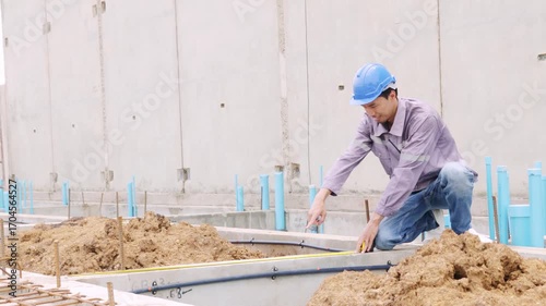 Male plumbing contractor carefully reviews the construction plans and measures dimensions structural channels laying drainage pipes water supply systems and water distribution pipes townhouse project.