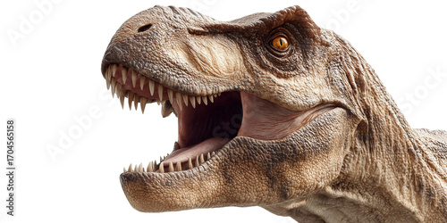 Fototapeta Naklejka Na Ścianę i Meble -  Detailed closeup of a Tyrannosaurus Rex head with open mouth and sharp teeth isolated on black, concept for paleontology education, prehistoric animal studies, and dinosaur exhibition materials