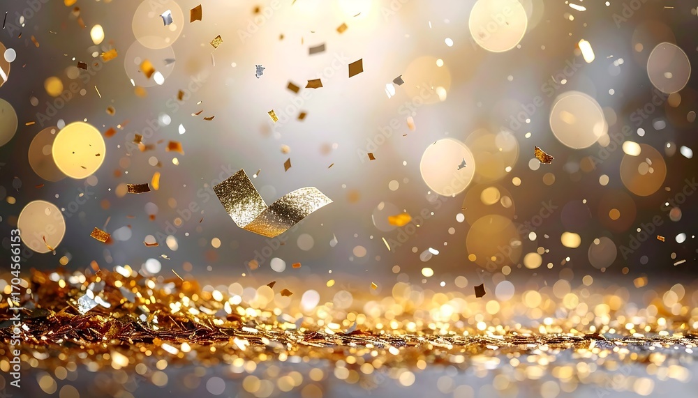 Obraz premium Sparkling gold confetti floats against a blurred backdrop of soft light, creating a festive and celebratory visual