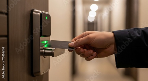 Hand using hotel room key card to unlock door lock.