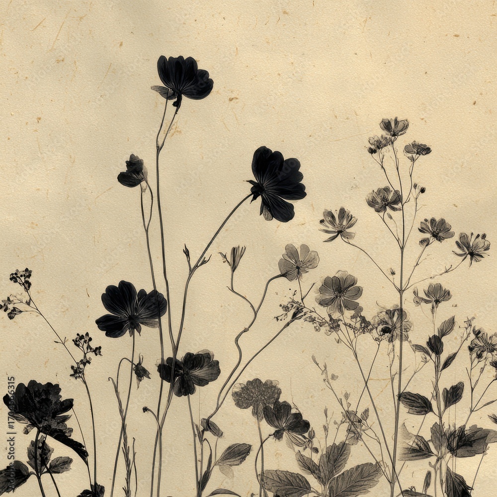 Naklejka premium Ethereal Dance of Wildflower Silhouettes on a Faded, Textured Parchment.