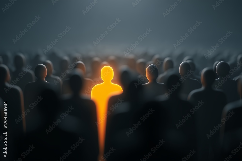 Fototapeta premium Glowing figure stands out in a crowd of dark silhouettes, symbolizing individuality and uniqueness, concept for leadership recognition, standing out from the crowd and personal branding