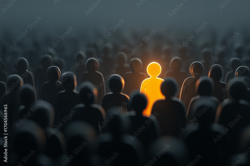 Obraz premium Abstract crowd with one glowing figure standing out against a dark backdrop, concept for leadership inspiration, individual recognition and competitive advantage strategy