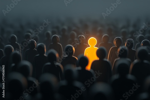 Abstract crowd with one glowing figure standing out against a dark backdrop, concept for leadership inspiration, individual recognition and competitive advantage strategy