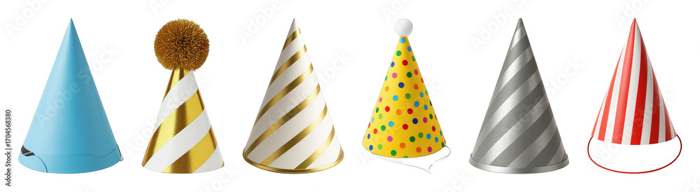 Fototapeta premium Party hat set including blue, gold striped, yellow polka dot, silver striped, and red striped designs isolated. Celebration and birthday collection.