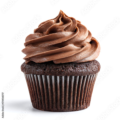 Chocolate cupcake with rich chocolate frosting on a white background