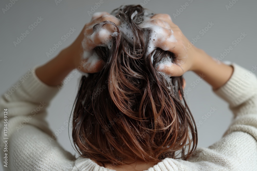 Naklejka premium Woman washes her brown hair with shampoo creating a foamy lather, shot from behind, wearing white sweater. Concept for hair care routine, personal hygiene and beauty product advertising