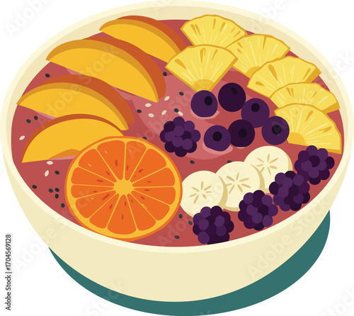 The bowl contains a deep purple smoothie base smoothie, made from acai, garnished with banana slices, fan-shaped pineapple slices, orange slices, and berries like blueberries and blackberries.