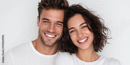 Happy couple smiling with perfect teeth looking at the camera, concept for dental care promotion, family portrait and cosmetic dentistry advertisement