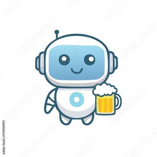 A cute robot with a friendly smile, holding a mug of beer, ready to enjoy a relaxing moment
