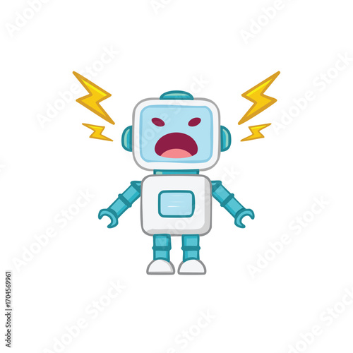 An angry robot with red eyes and lightning bolts, expressing frustration and malfunction