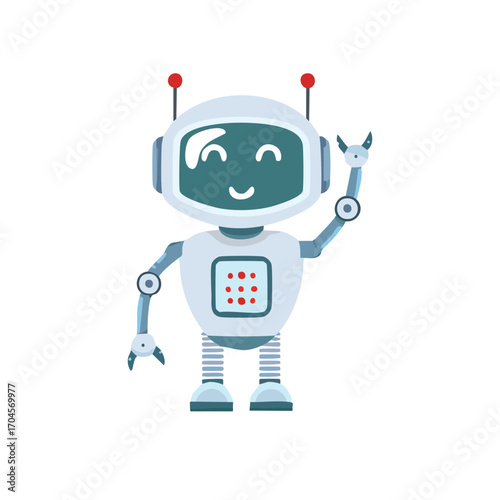 Friendly Robot with antennas. A cheerful robot character with a smiling face is waving his arm