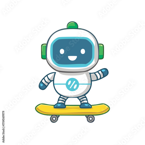 A cheerful robot skillfully skateboarding, demonstrating fun and technological advancement