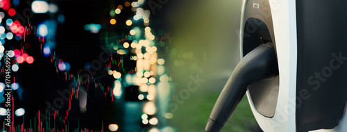 electric car charger with stock market graph for automotive industry banner background