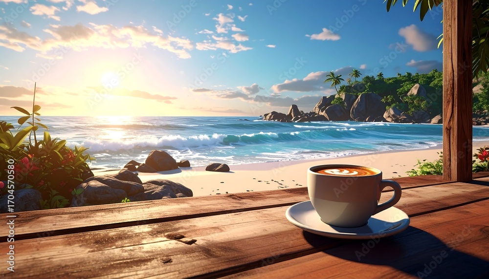 Obraz premium Tropical Sunrise Beach Coffee Break.