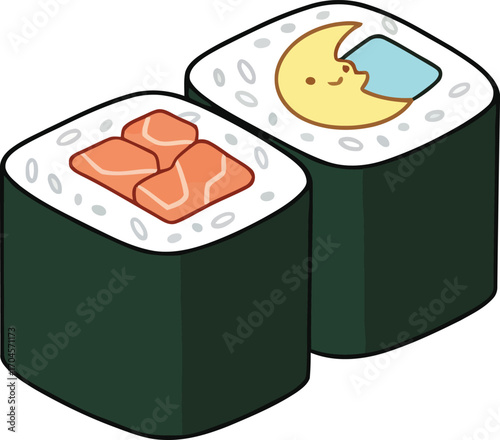 sushi, two pieces of sushi rolls,  Sushi rolls are a popular Japanese dish consisting of vinegared rice and various fillings