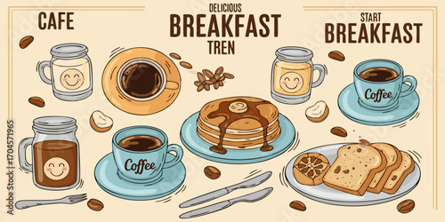Start your day with a delicious breakfast sketch featuring pancakes, coffee, and toast for a heartwarming cafe vibe that brings joy and comfort