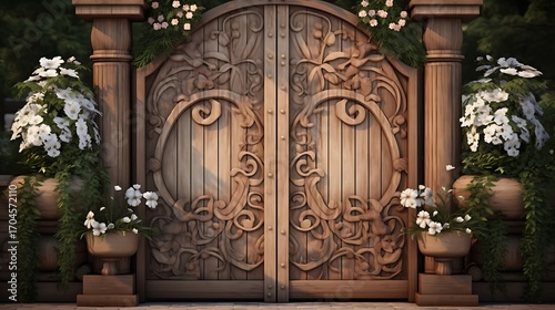 Elaborate wooden gate with floral ornamentation offering a welcoming botanical garden entryway