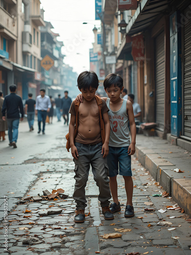 desperate boys commit a crime in city street, they have no shelter, food and money. street children
