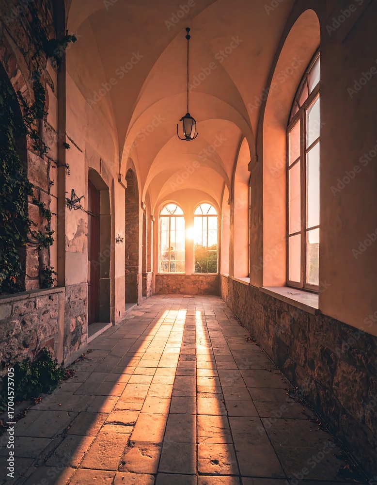 Fototapeta premium Sunlit corridor with arched ceilings