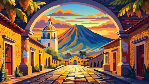 Antigua Guatemala’s colonial arch frames a distant volcano beneath a golden sunset, cobblestone streets alive with history, pastel buildings reflecting the timeless elegance of Central America’s cultu
