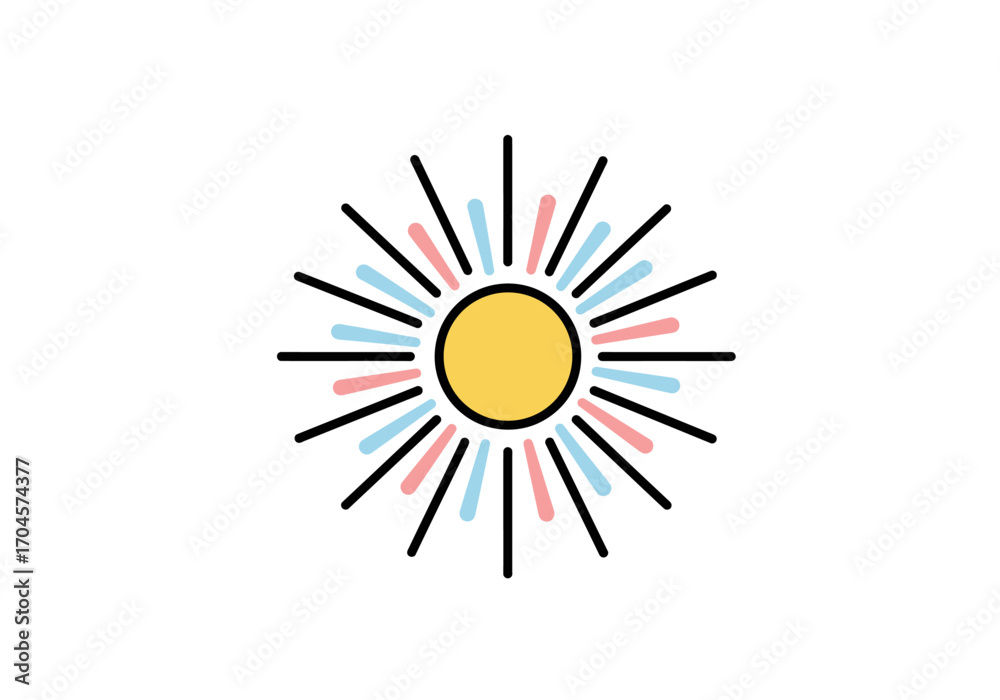 Obraz premium Vibrant and minimalist graphic sun icon with radiating colorful rays, perfect for depicting warmth, brightness, and positive energy in various digital and print designs