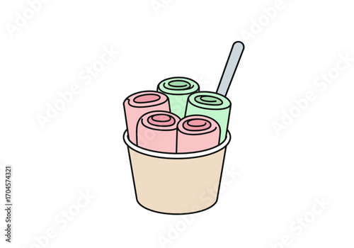 Colorful vector illustration of refreshing rolled ice cream, featuring vibrant pink and green swirls served neatly in a take-away cup with a spoon, representing a sweet frozen dessert treat