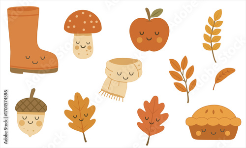 A collection of smiling cartoon figures in bright orange. Acorn, apple, cupcake, scarf, boot, mushroom. Flat style, minimalism. Ideal for creating cozy appliques in design
