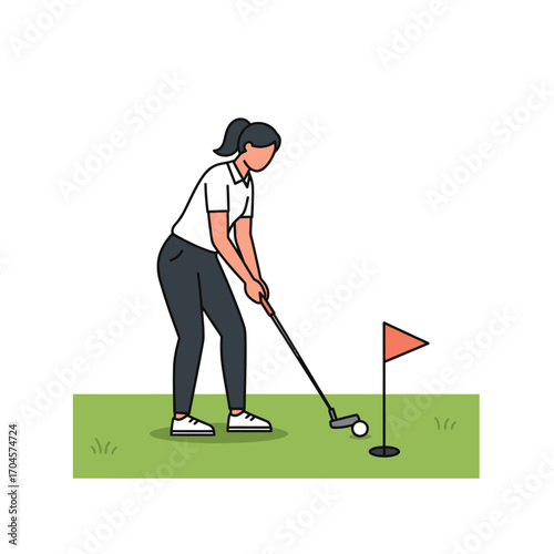 Simple vector illustration of a woman golfer putting the ball on the green, a clean line art graphic for sports and leisure concepts