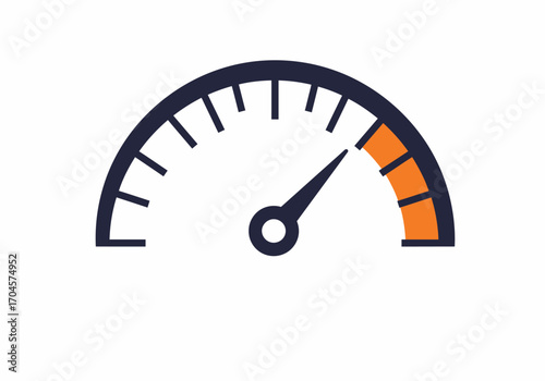 A flat design speedometer icon representing rapid performance metrics, high-speed measurement, and progress on a dashboard gauge