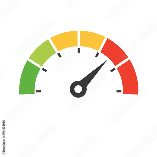 Colorful speedometer icon with indicator needle in the red zone representing high speed, risk, or poor performance rating