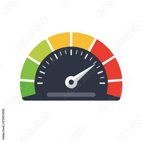 Colorful flat vector illustration of a performance gauge or speedometer with the needle in the red high-risk zone, symbolizing maximum speed, critical limits, and performance metrics