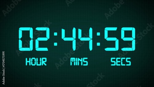 Animated Digital 3 hours countdown timer Animation . Perfect for Presentation Pauses. HUD user interface with technology stopwatch Digital Countdown. 4K countdown animation
