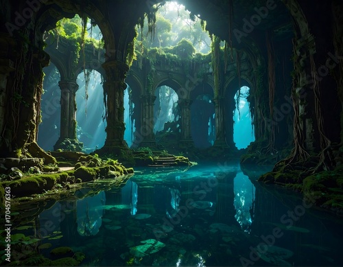 Sunlit, overgrown, ancient ruins submerged in water