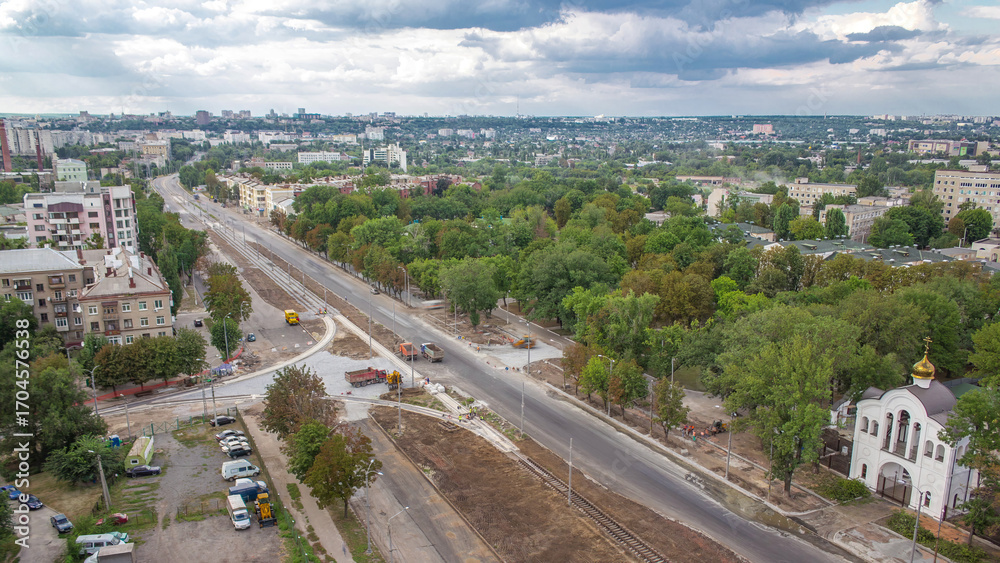 Fototapeta premium Panoramic aerial view of road big construction site timelapse