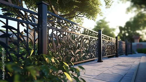 Elegant black metal fence adorned with intricate leaf patterns bordering a walkway landscape