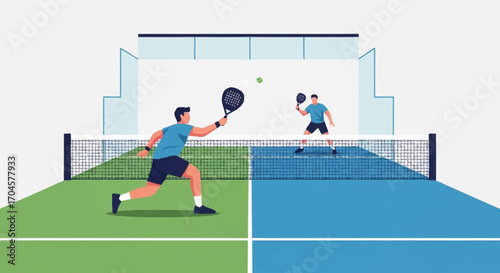 Two male players competing in a padel tennis match on a modern court. Flat vector illustration of a popular racquet sport and active lifestyle