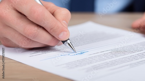 Close-up of hands signing a written contract on a desk, including rental car or house agreement, professional business transaction, legal document, corporate deal, and formal agreement process