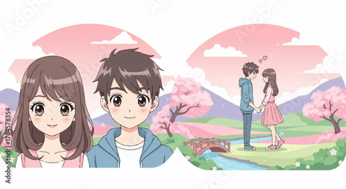 A romantic anime love story unfolds as a young couple holds hands in a picturesque spring park with cherry blossoms