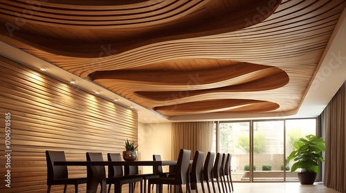 Elegant Dining Area with Striking Wooden Ceiling Design and Contemporary D?cor features