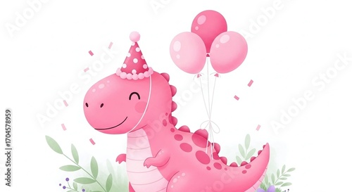 Pink Dinosaur with Balloons in Birthday Scene Isolated on White Background