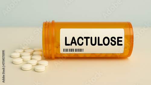 Box of LACTULOSE tablets on a hospital pharmacy table used to relieve constipation a laxative and prebiotic.