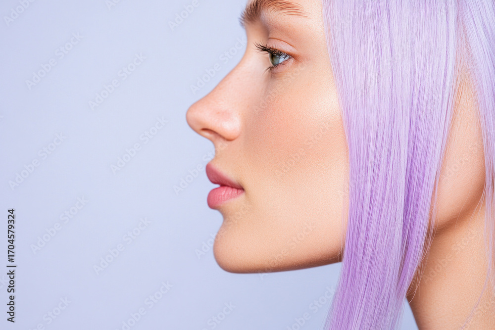 Naklejka premium Profile portrait of a woman with lavender hair in soft light, highlighting smooth skin, defined nose, and calm expression against a pale blue backdrop.